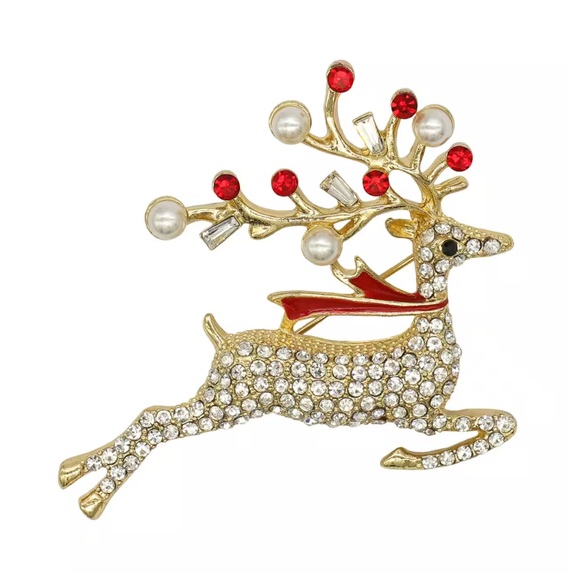 Christmas Jewelry - Festive Reindeer Brooch - Sparkling Faux Crystals, Red, and Pearl Accents - New